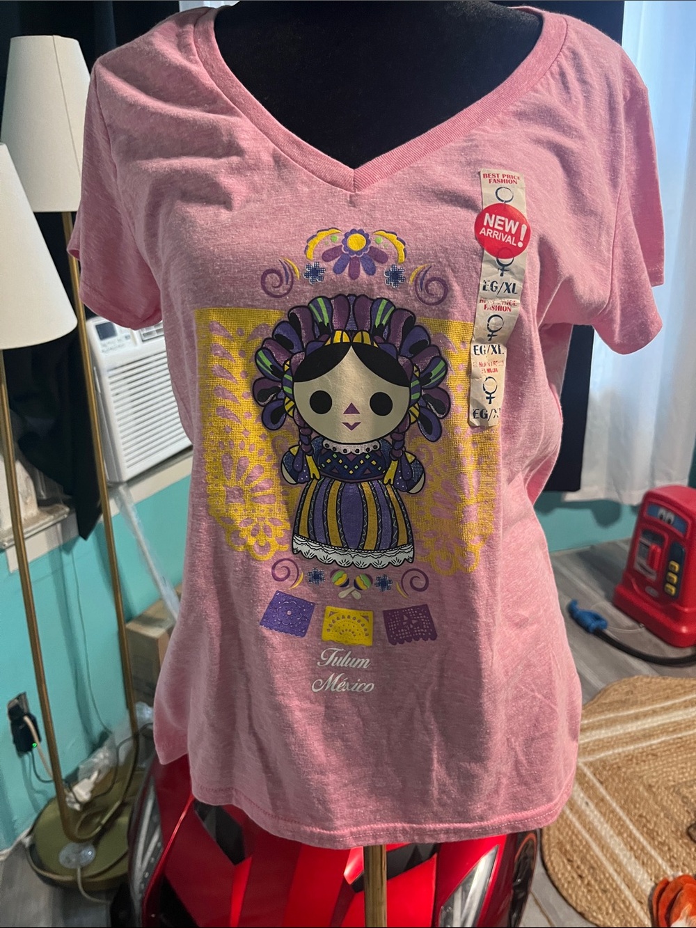 Tulum Mexico Pink Graphic V-Neck Tee with Folk Doll Print